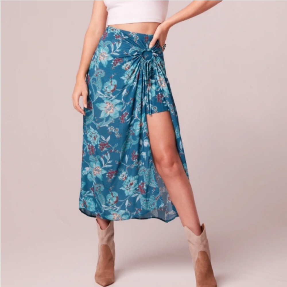 Band Of The Free Deep Teal Floral Midi Side Tie Skirt Hi Low
